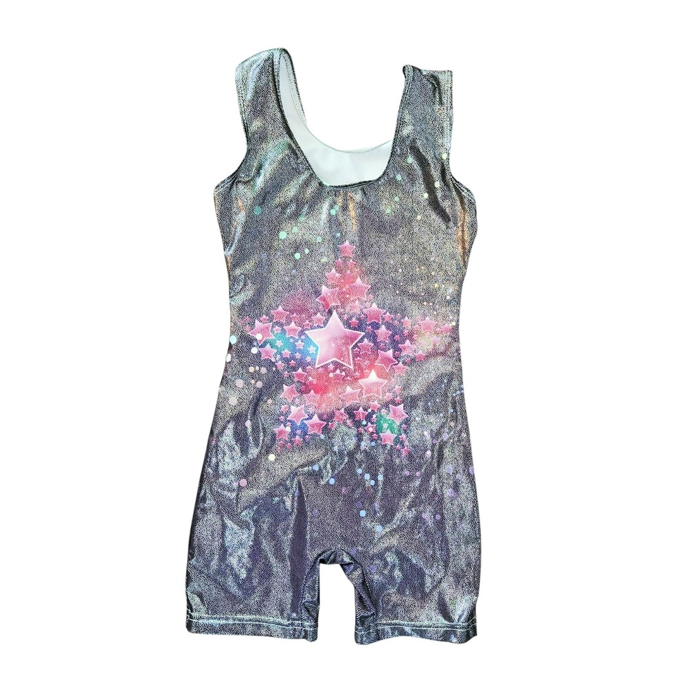 Girls Silver Holographic Star Gymnastics Biketard Size 140 Pink Purple‎ Metallic